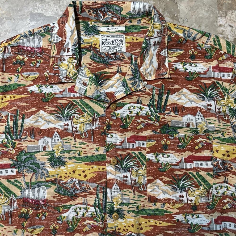 Lucky Brand Shirt Mens XL Floral Camp Loop Collar Short Sleeve Cotton Reverse